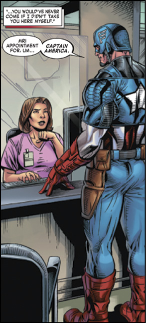 After Captain America injures his arm in battle, Iron Man urges him to go to the hospital for an MRI, where the nurse assures him, "Getting an MRI is no big deal."