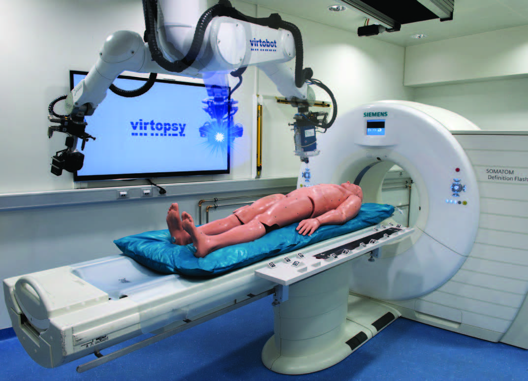 The Virtobot is a robotic system that performs a variety of tasks in conjunction with the CT scanner. It allows for automated, high-resolution 3-D surface documentation as well as CT-guided post-mortem tissue sampling.