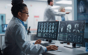 Экран компьютера со сканированием мозга, просмотренным женщиной-рентгенологом