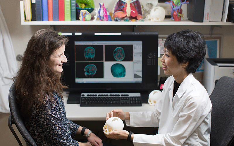 Mai-Lan Ho explains the process for 3D printing a pediatric skull in the anatomic modeling lab