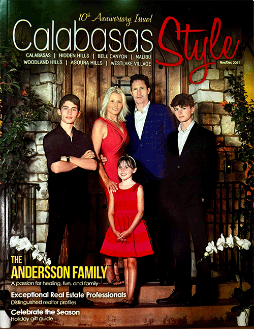Photo of Suzie Bash and her family, the Anderssons, on the cover of Calabassas Style magazine