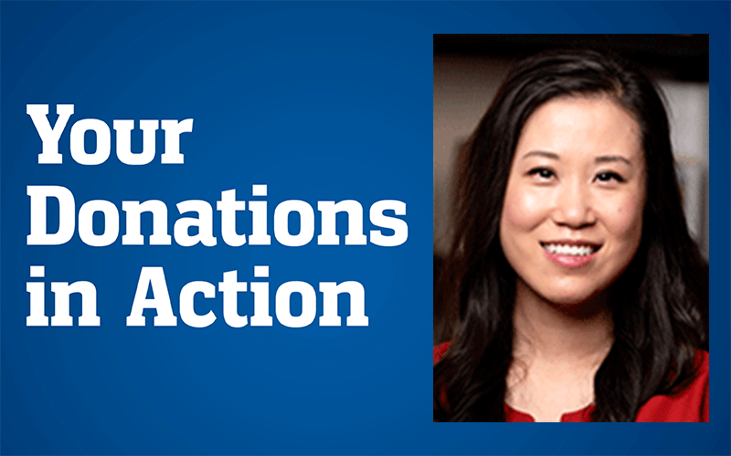 Your Donations in Action feature card with Angela Jia, MD, PhD smiling woman in red dress