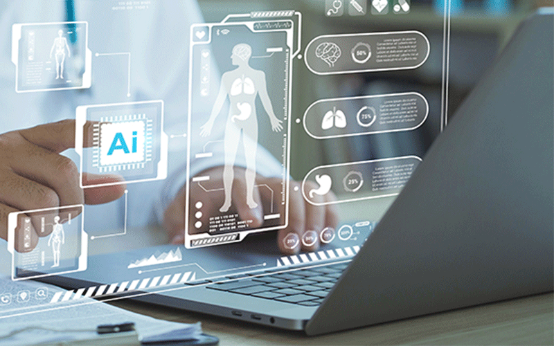 800x500 image of doctor with computer and futuristic AI graphics depicting human body and health care imagery
