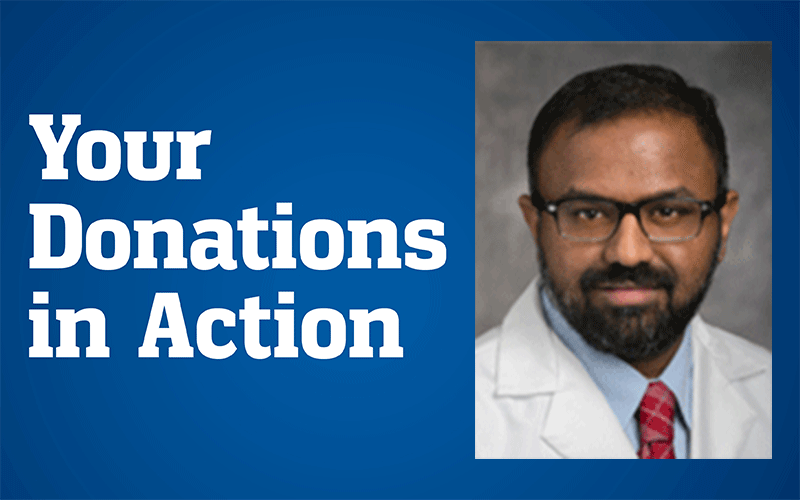 Your Donations in Action feature card of Sree Harsha Tirumani, MD