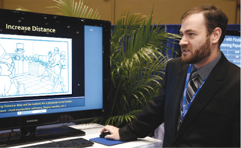 Luke A. Byers, D.O., demonstrated the effectiveness of disposable surgical caps. Luke A. Byers, D.O., demonstrated the effectiveness of disposable surgical caps.