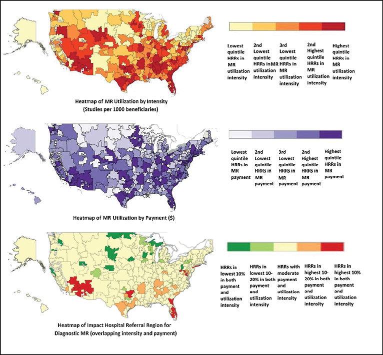 High-impact HRRs (those in the highest deciles for both adjusted intensity and payment) included 11 for MR imaging (Fort Myers, Fort Lauderdale, Orlando and Jacksonville, Fla; Dallas; Palm Springs–Rancho Mirage, California; Las Vegas; Washington, D.C.; New Brunswick, New Jersey; East Long Island, New York; and Phoenix High-impact HRRs (those in the highest deciles for both adjusted intensity and payment) included 11 for MR imaging (Fort Myers, Fort Lauderdale, Orlando and Jacksonville, Fla; Dallas; Palm Springs–Rancho Mirage, California; Las Vegas; Washington, D.C.; New Brunswick, New Jersey; East Long Island, New York; and Phoenix