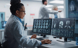 Computer screen with brain scans viewed by female radiologist