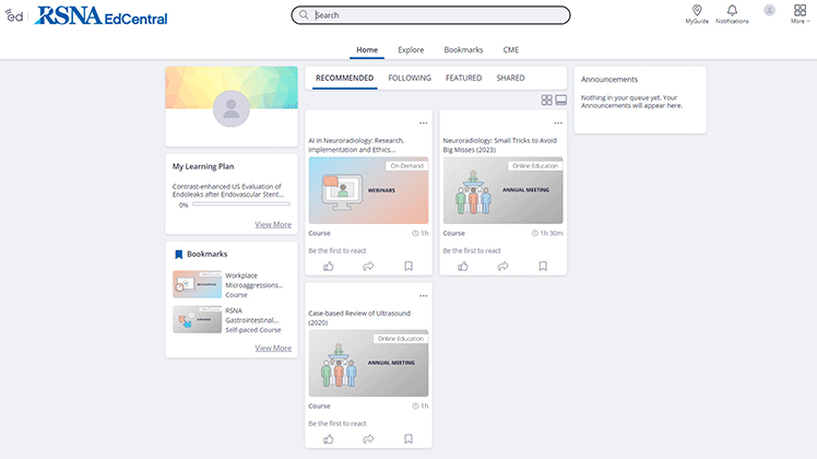Screenshot of the dashboard Home page of EdCentral