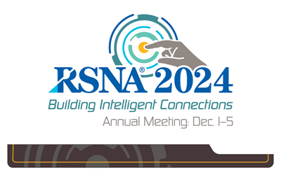 Logo for RSNA 2024: Building Intelligent Connections shows human hand touching digital or technical model to suggest human and AI connection