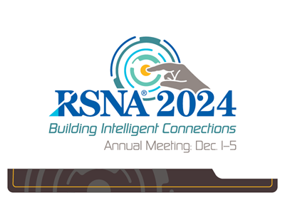 Logo for RSNA 2024: Building Intelligent Connections shows human hand touching digital or technical model to suggest human and AI connection