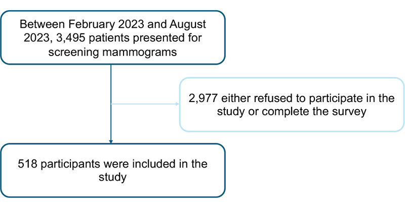 Study flowchart of participant inclusion and exclusion in survey used by Dogan et al in the Radiology: Imaging Cancer study 24-0290.