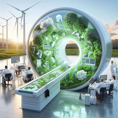 Concept image of an MRI machine with greenery and medical imaging depictions inside the ring. Radiologists sitting at desks and looking at monitors are in the foreground. Windmills and a sunset in the background.