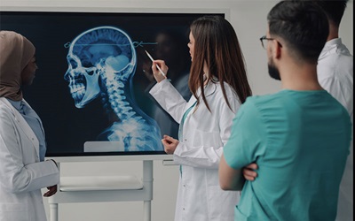 Three medical students watch an educator point to a detail on an X-ray film of a human head.