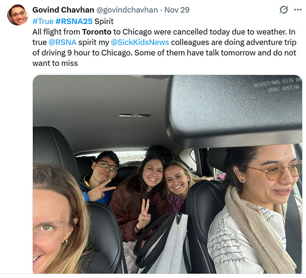 Social media post from Govind Chavand sharing story of travel challenges on his way to RSNA 2025.