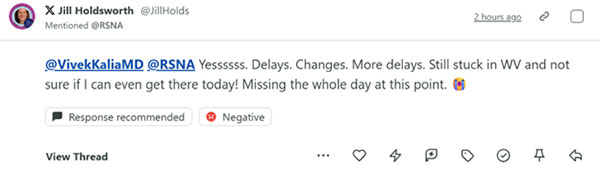 Social media post by Jill Holdsworth about her delay in getting to RSNA 2025.