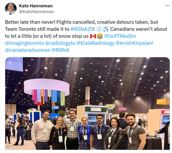 Social media post by Kate Hanneman posing with a group after experiencing travel delays to RSNA 2025.