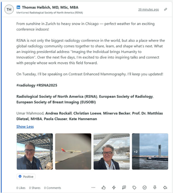 Social media post from Thomas Helbich standing in an airport anticipating travel to RSNA 2025.