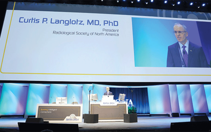 Curtis Langlotz, MD, PhD on the Arie Crown stage during RSNA 2024