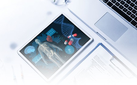 Tablet screen with several images displayed to indicate patient clinical history including an x-ray concept, pharmaceuticals and other health metrics
