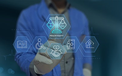 A doctor uses a digital interface highlighting health equity with icons for accessibility, education, patient care, and inclusive healthcare