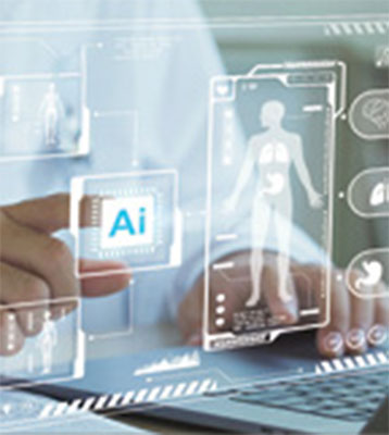 Person wearing a white lab coat working with a vertical touch screen depicting AI concepts