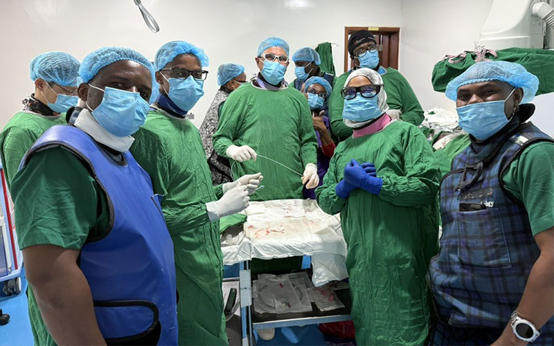 Interventional radiology team perform transjugular intrahepatic portosystemic shunt (TIPS) placement at Muhimbili National Hospital in Dar es Salaam, Tanzania.