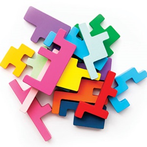 A pile of brightly colored puzzle pieces