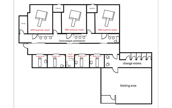 Schematic drawing of the MRI suites at Mass General's Assembly Row Facility