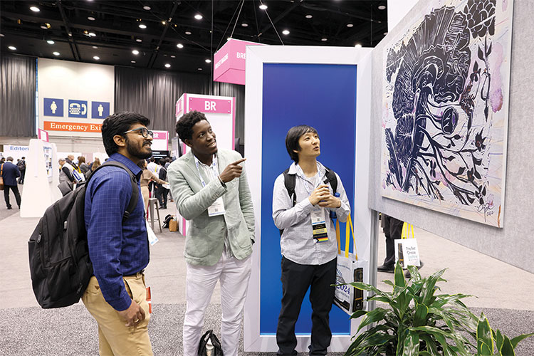 Three men at an exhibition viewing a relief print of a sagittal brain image, with cranial nerves, made in watercolor textures.