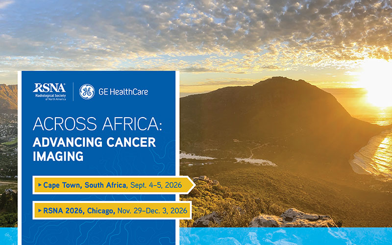 Banner showing Cape Town coastline at sunset with text announcing “Across Africa: Advancing Cancer Imaging” and 2026 event dates.