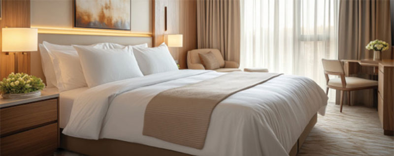 Modern hotel room with bed. 