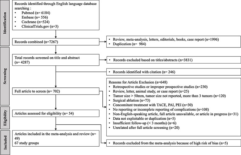 Flowchart shows study selection for the meta-analysis. PAI = percutaneous acetic acid injection, PEI = percutaneous ethanol injection, TACE = transarterial chemoembolization. 