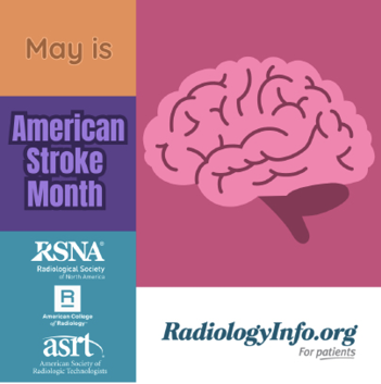 Graphic announcing “May is American Stroke Month” with a pink illustrated brain on a magenta background, alongside logos for RSNA, the American College of Radiology, the American Society of Radiologic Technologists, and the text “RadiologyInfo.org – For patients.