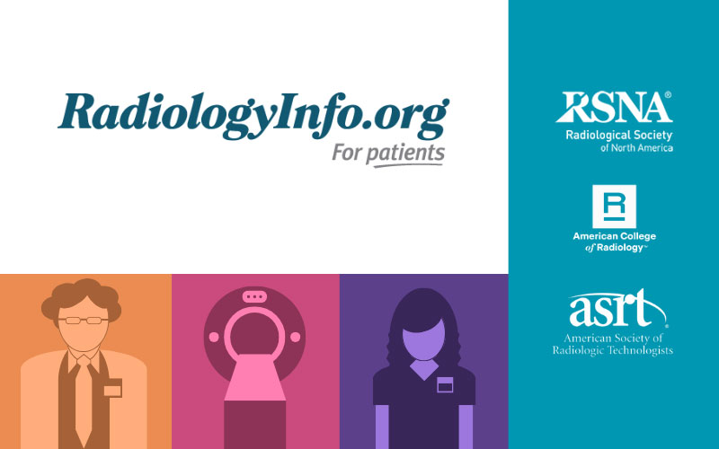 RadiologyInfo.org banner featuring illustrated icons of a health care professional, an MRI scanner and a radiologic technologist. The right side displays the logos of RSNA, ACR, and ASRT.