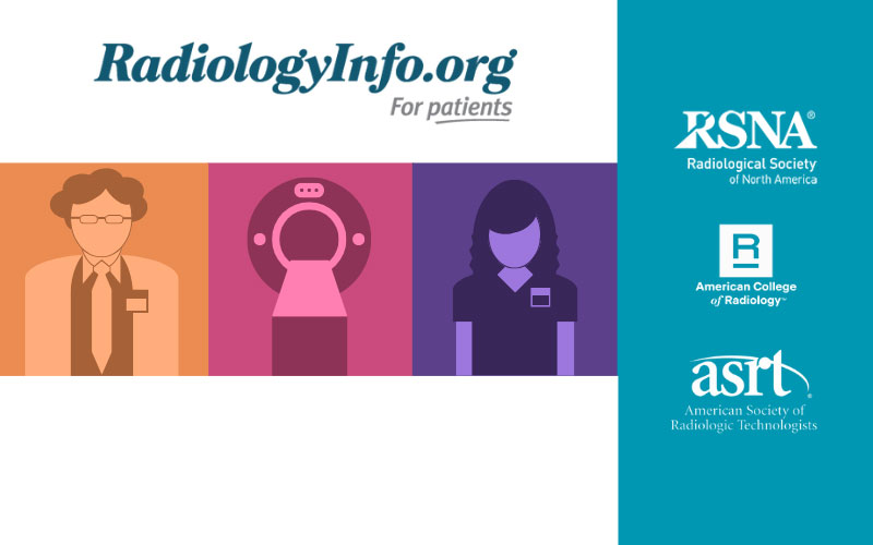 RadiologyInfo.org banner featuring illustrated icons of a health care professional, an MRI scanner and a radiologic technologist. The right side displays the logos of RSNA, ACR, and ASRT.