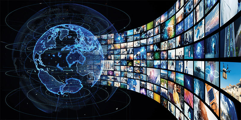 Media concept image with a globe at the left and a stream of images that appear to be emerging from it, positioned at the right against a tech backdrop