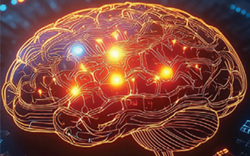 Stylized illustration of a human brain shown in profile, rendered with glowing orange and red neural-like pathways and several bright light nodes in blue, yellow and orange, suggesting active neural connections or AI processing on a dark background