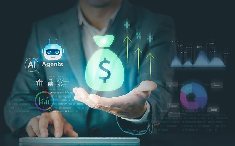 AI concept image of hand with bag of currency floating above it and other AI symbolism floating around the bag.
