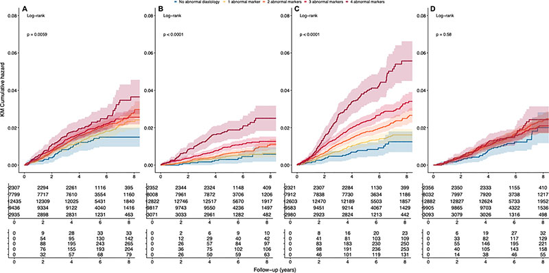 Graphs show additive predictive value of diastolic function markers (A) major adverse cardiovascular events, (B) heart failure, (C) arrhythmia, and (D) all-cause death. KM 