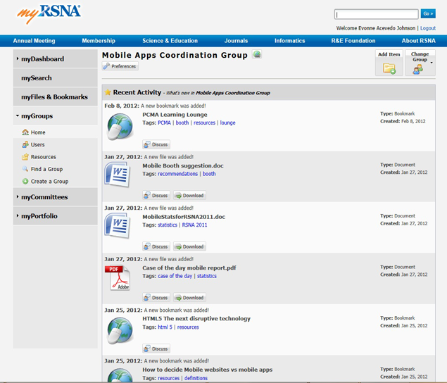 Screenshot of myGroups feature